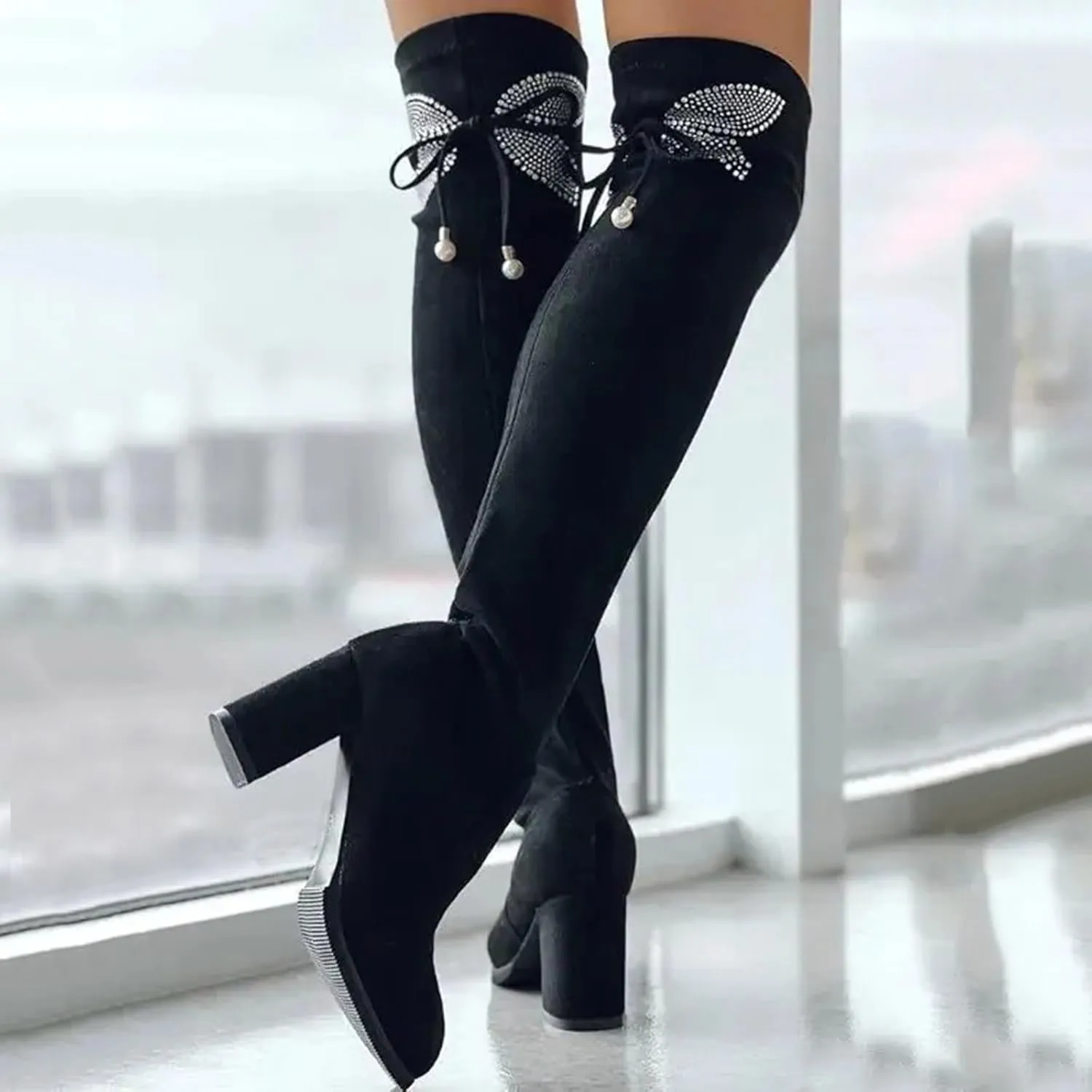 Over The Knee Boots for Women Knee High Boots Chunky Heel Rhinestone Bow Long Boots High Heel Slim Stretchy Boots
