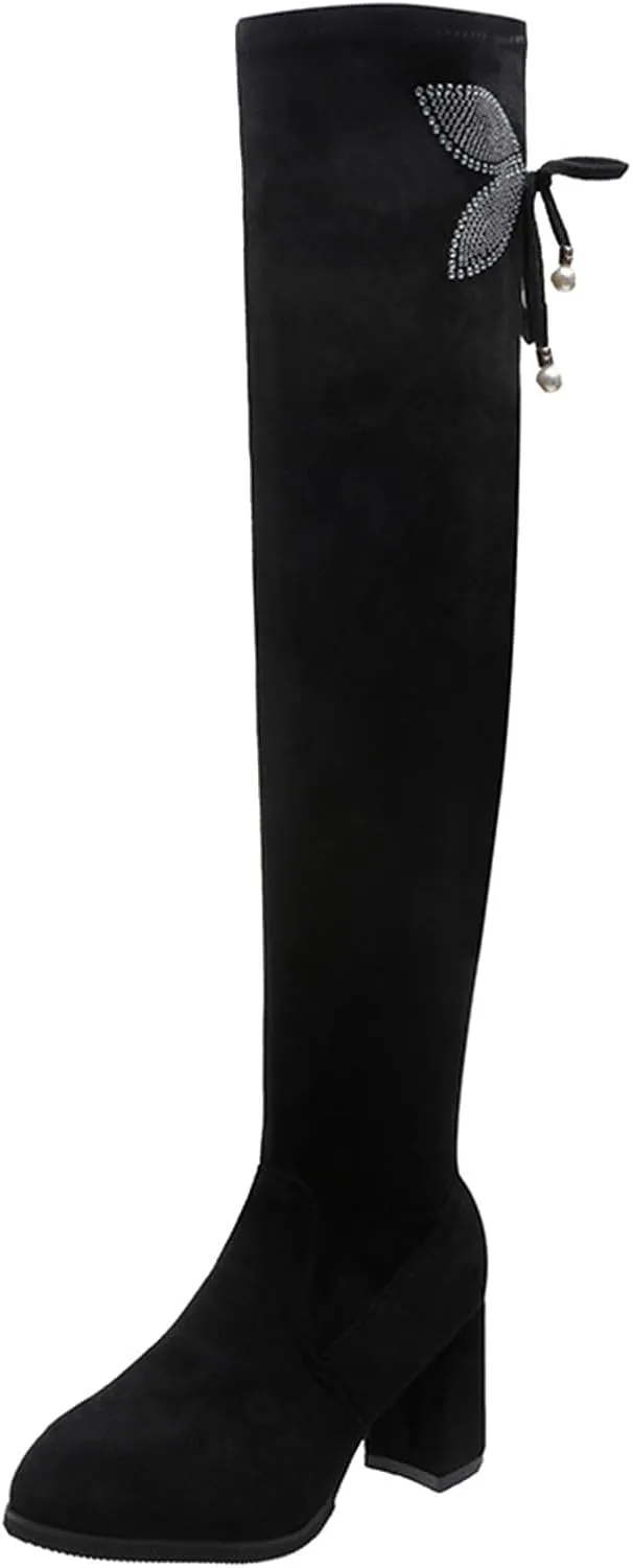 Over The Knee Boots for Women Knee High Boots Chunky Heel Rhinestone Bow Long Boots High Heel Slim Stretchy Boots
