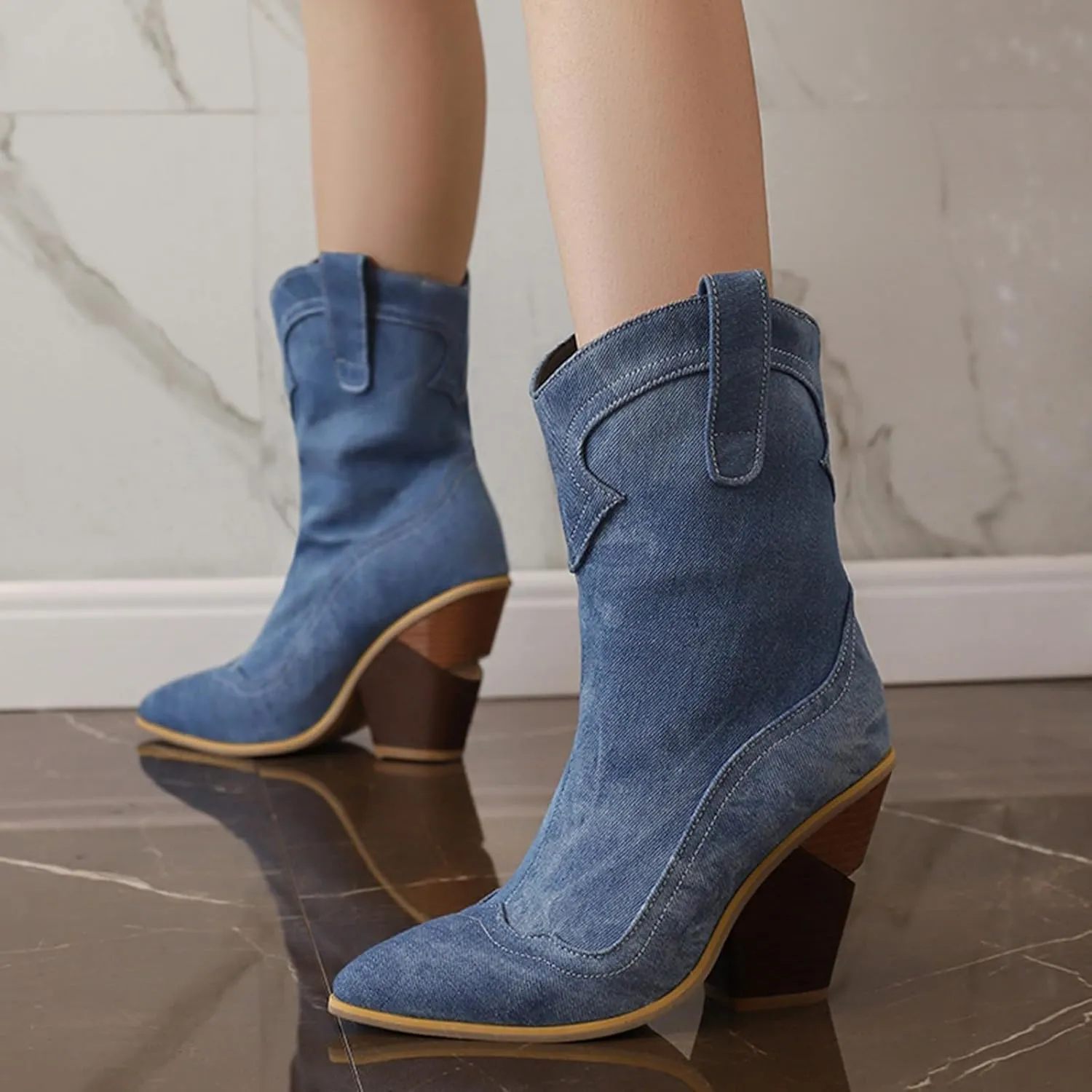 peqiut Cowboy Boots For Women Western Boot Pointed Toe Low Chunky Heel Short Ankle Booties Boots Women Size 8 Mid