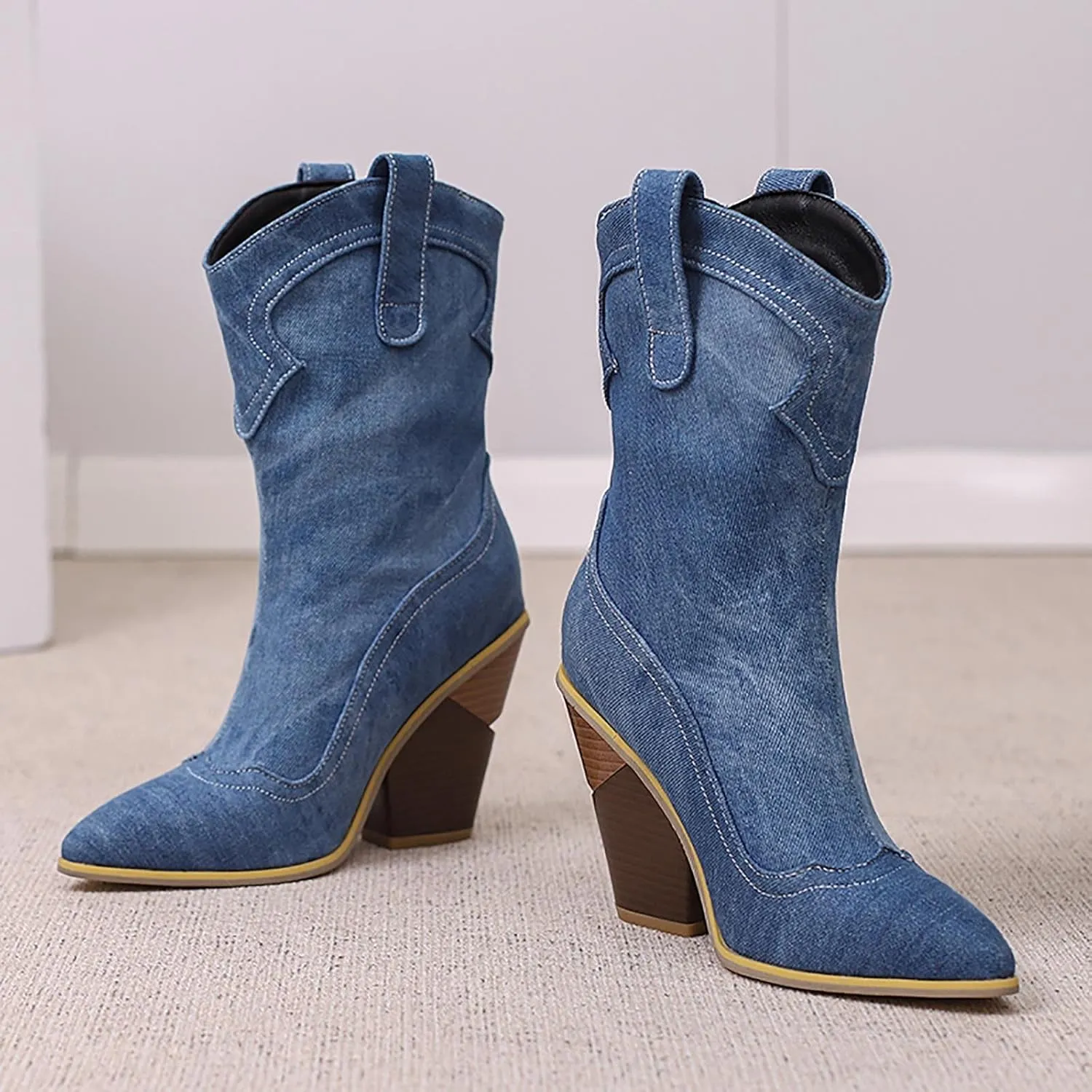 peqiut Cowboy Boots For Women Western Boot Pointed Toe Low Chunky Heel Short Ankle Booties Boots Women Size 8 Mid