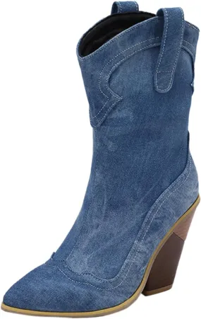 peqiut Cowboy Boots For Women Western Boot Pointed Toe Low Chunky Heel Short Ankle Booties Boots Women Size 8 Mid