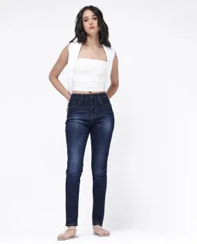 Rareism Women Zaisho Dark Blue Cotton Elastane Fabric Solid Regular Length Jeans