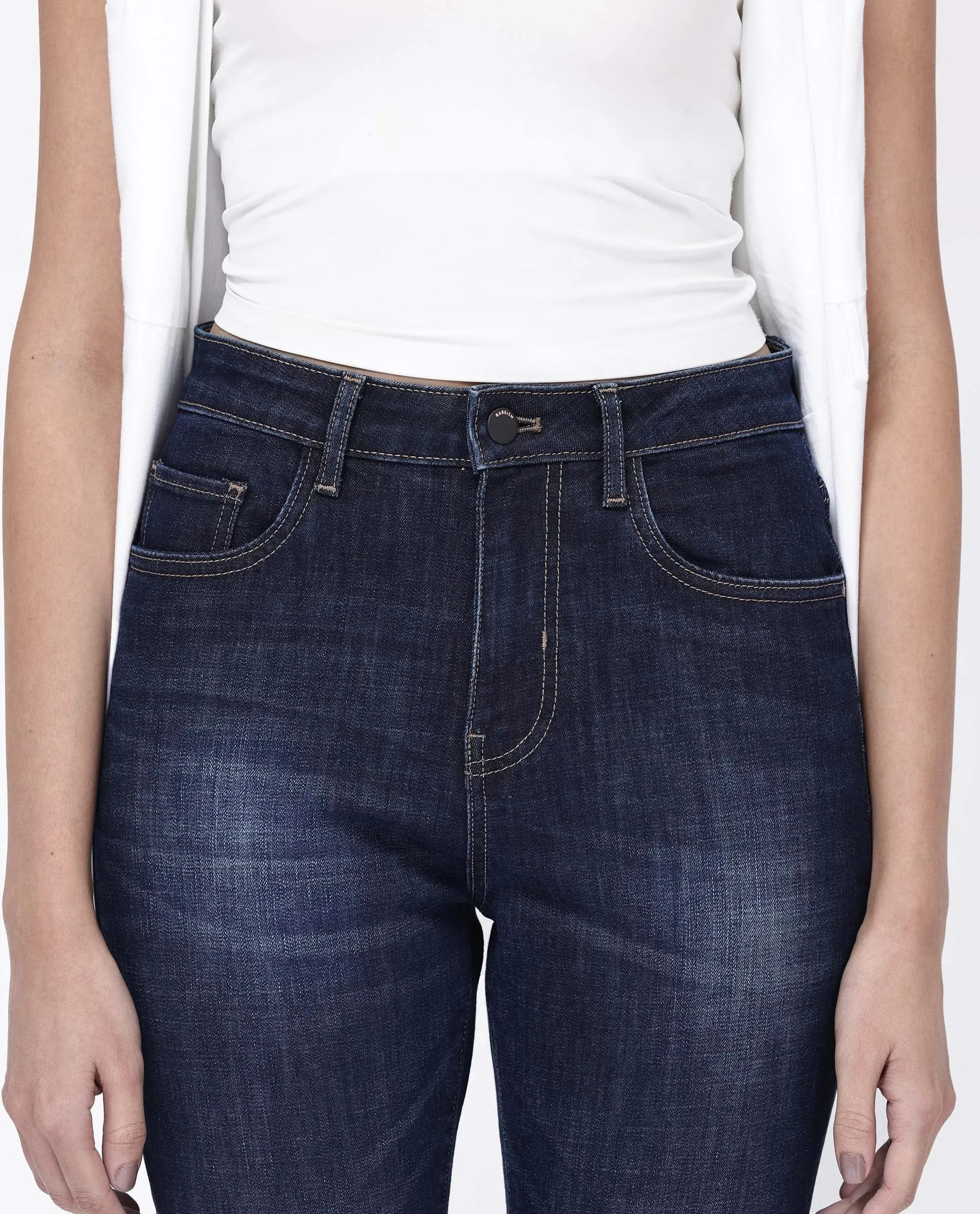 Rareism Women Zaisho Dark Blue Cotton Elastane Fabric Solid Regular Length Jeans