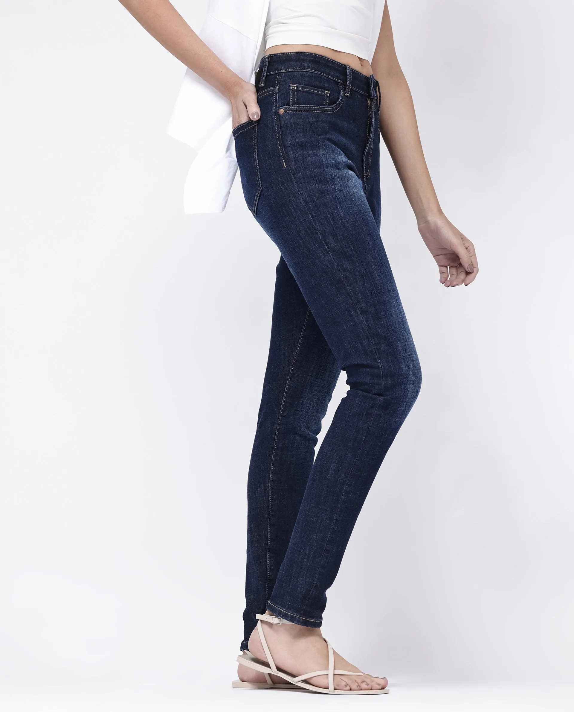 Rareism Women Zaisho Dark Blue Cotton Elastane Fabric Solid Regular Length Jeans
