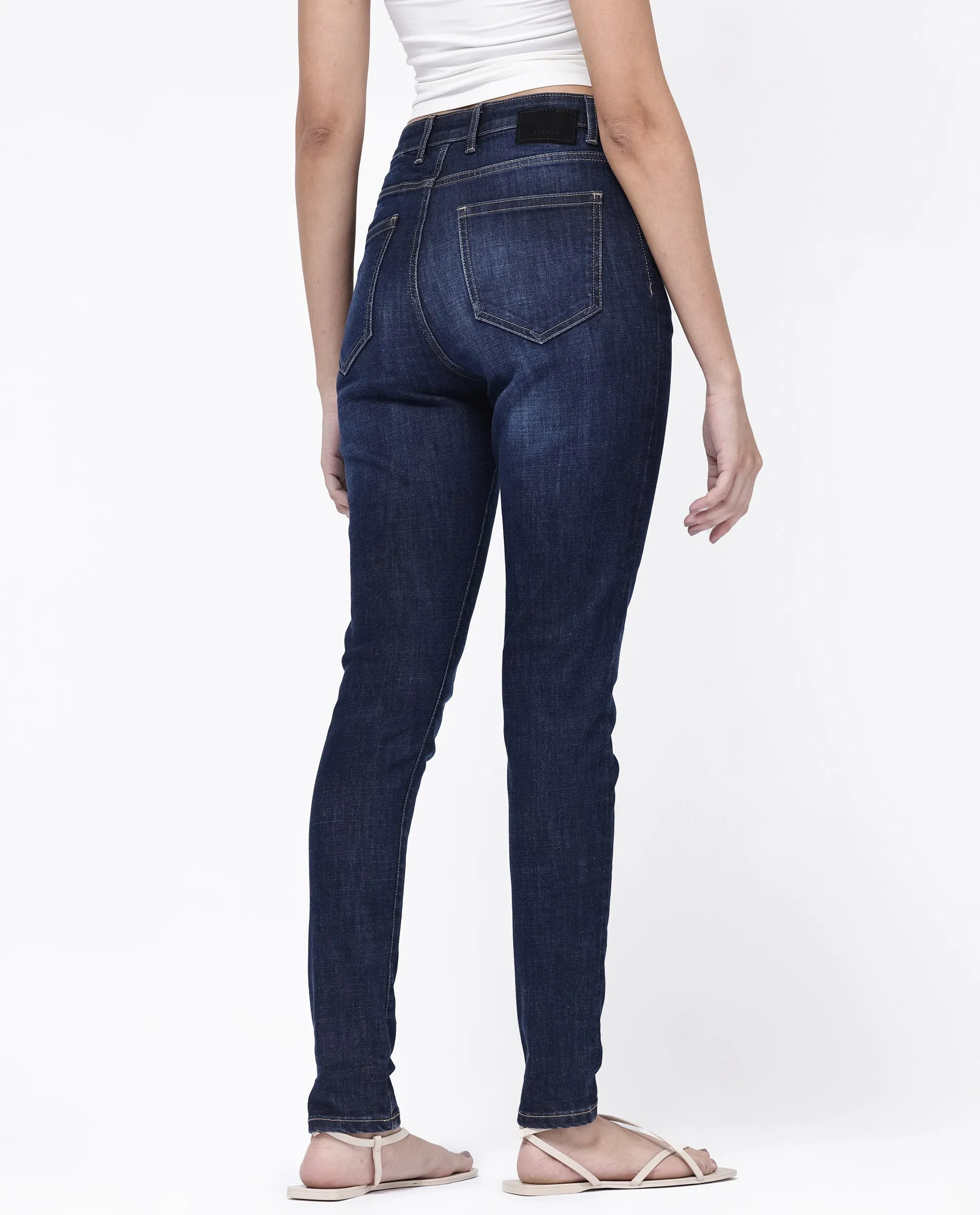 Rareism Women Zaisho Dark Blue Cotton Elastane Fabric Solid Regular Length Jeans