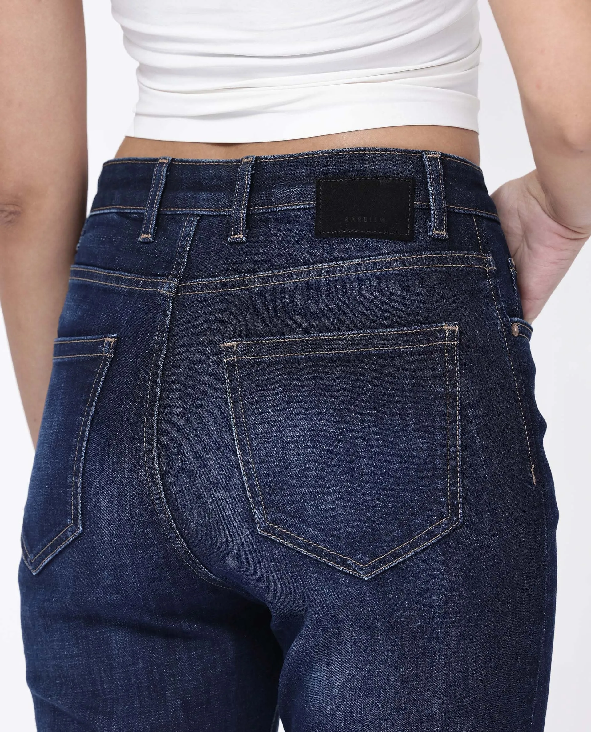 Rareism Women Zaisho Dark Blue Cotton Elastane Fabric Solid Regular Length Jeans
