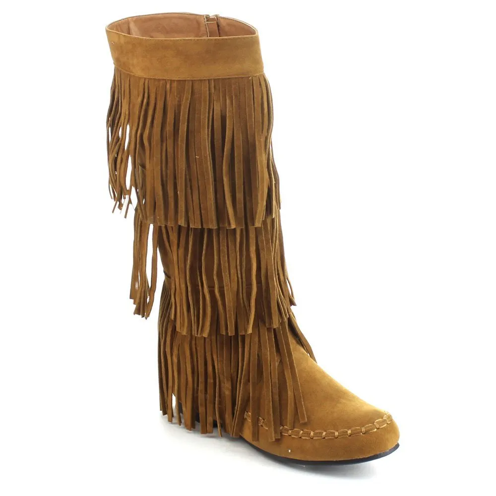 Refresh JOLIN-02 Women's Fringe Moccasin Flat Heel Zipper Under Knee High Boots