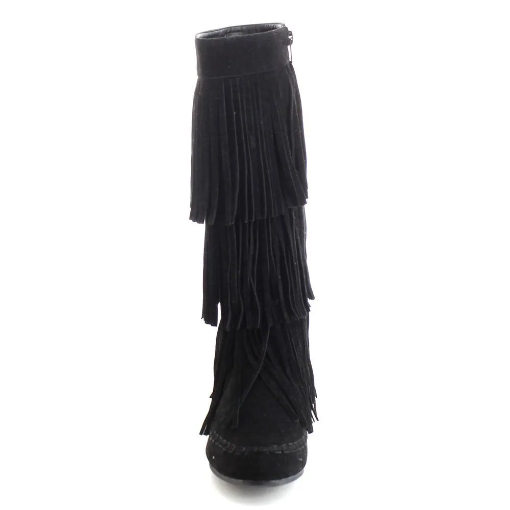 Refresh JOLIN-02 Women's Fringe Moccasin Flat Heel Zipper Under Knee High Boots