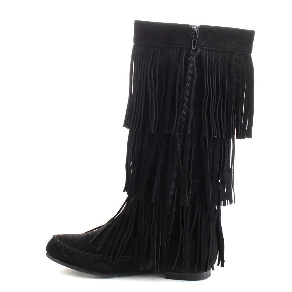 Refresh JOLIN-02 Women's Fringe Moccasin Flat Heel Zipper Under Knee High Boots