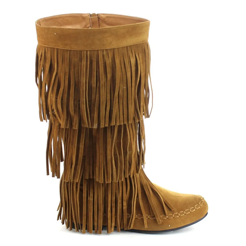 Refresh JOLIN-02 Women's Fringe Moccasin Flat Heel Zipper Under Knee High Boots