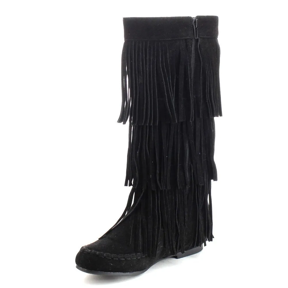 Refresh JOLIN-02 Women's Fringe Moccasin Flat Heel Zipper Under Knee High Boots