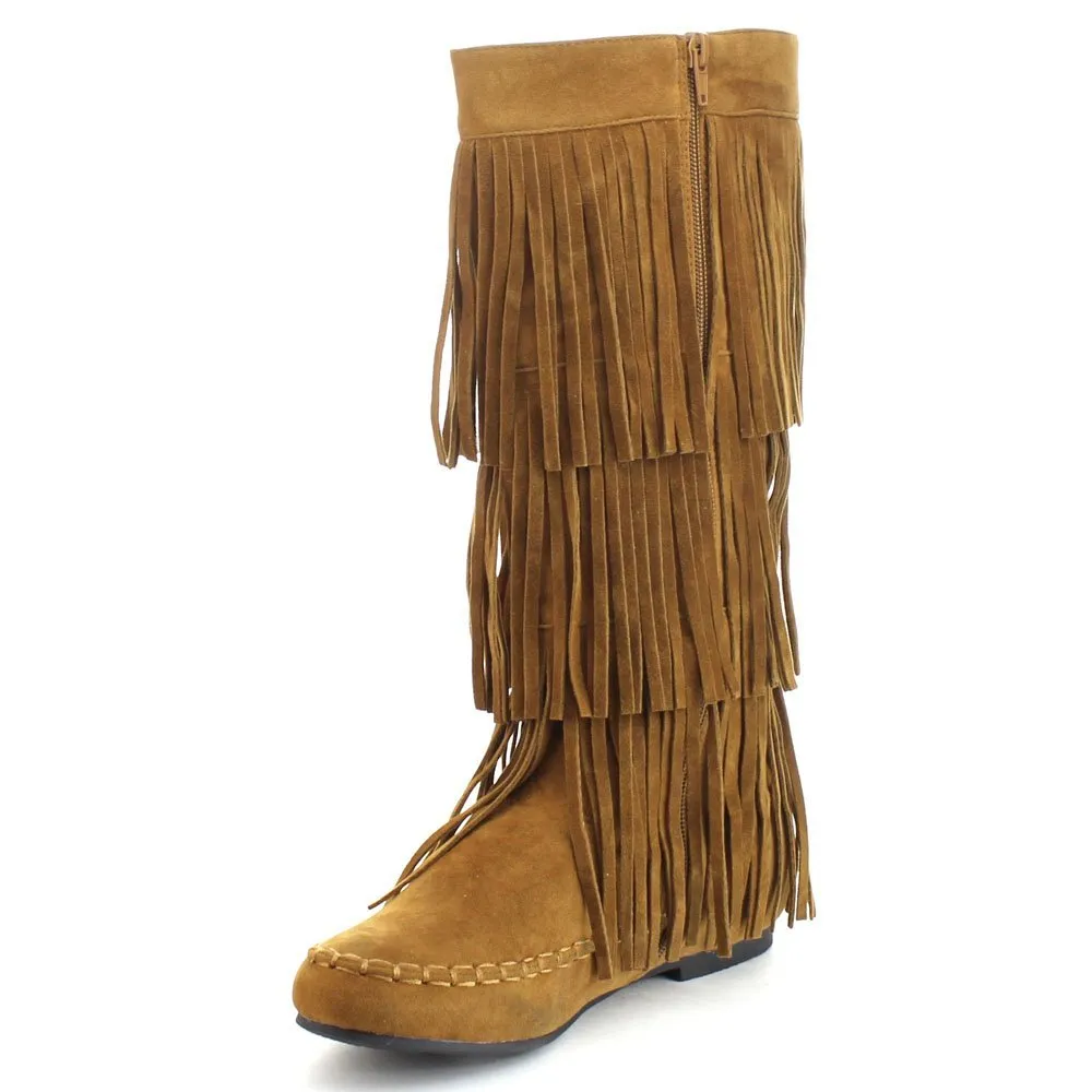 Refresh JOLIN-02 Women's Fringe Moccasin Flat Heel Zipper Under Knee High Boots