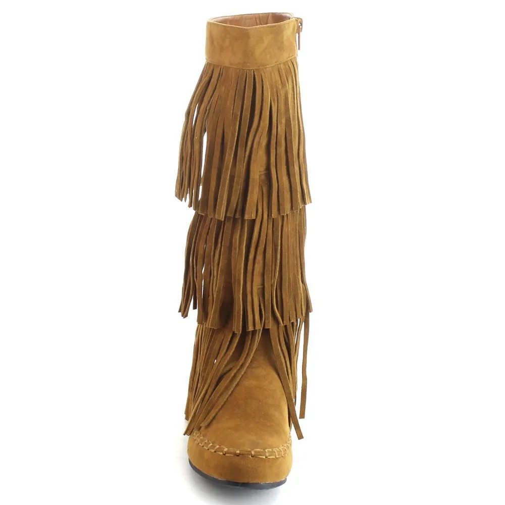 Refresh JOLIN-02 Women's Fringe Moccasin Flat Heel Zipper Under Knee High Boots