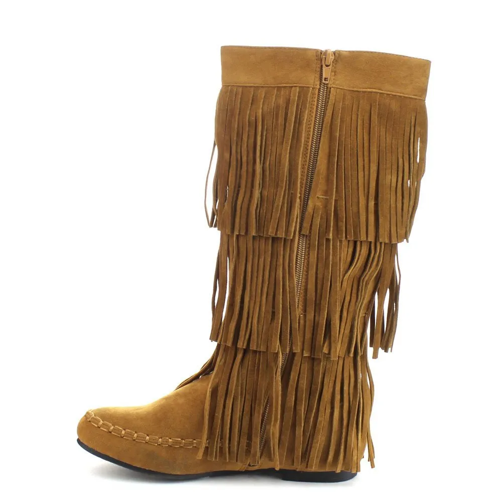 Refresh JOLIN-02 Women's Fringe Moccasin Flat Heel Zipper Under Knee High Boots