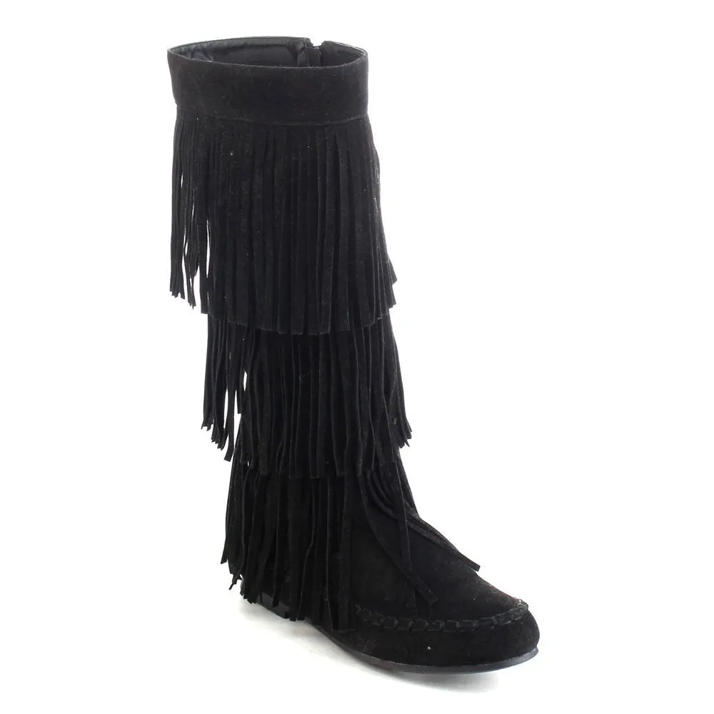 Refresh JOLIN-02 Women's Fringe Moccasin Flat Heel Zipper Under Knee High Boots