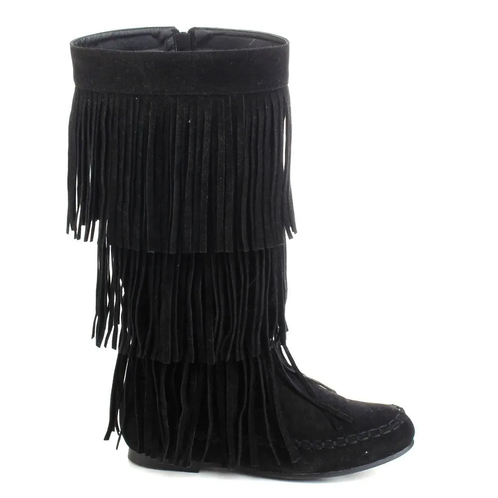 Refresh JOLIN-02 Women's Fringe Moccasin Flat Heel Zipper Under Knee High Boots