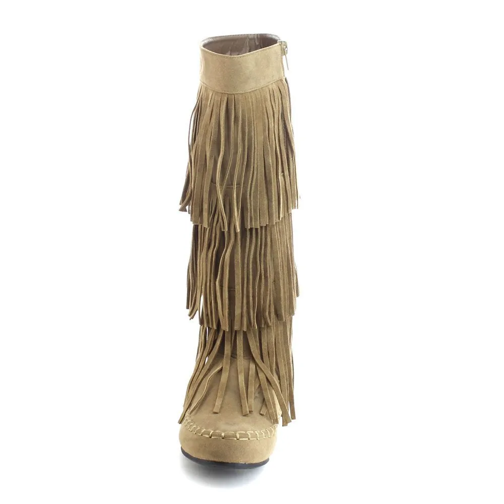 Refresh JOLIN-02 Women's Fringe Moccasin Flat Heel Zipper Under Knee High Boots