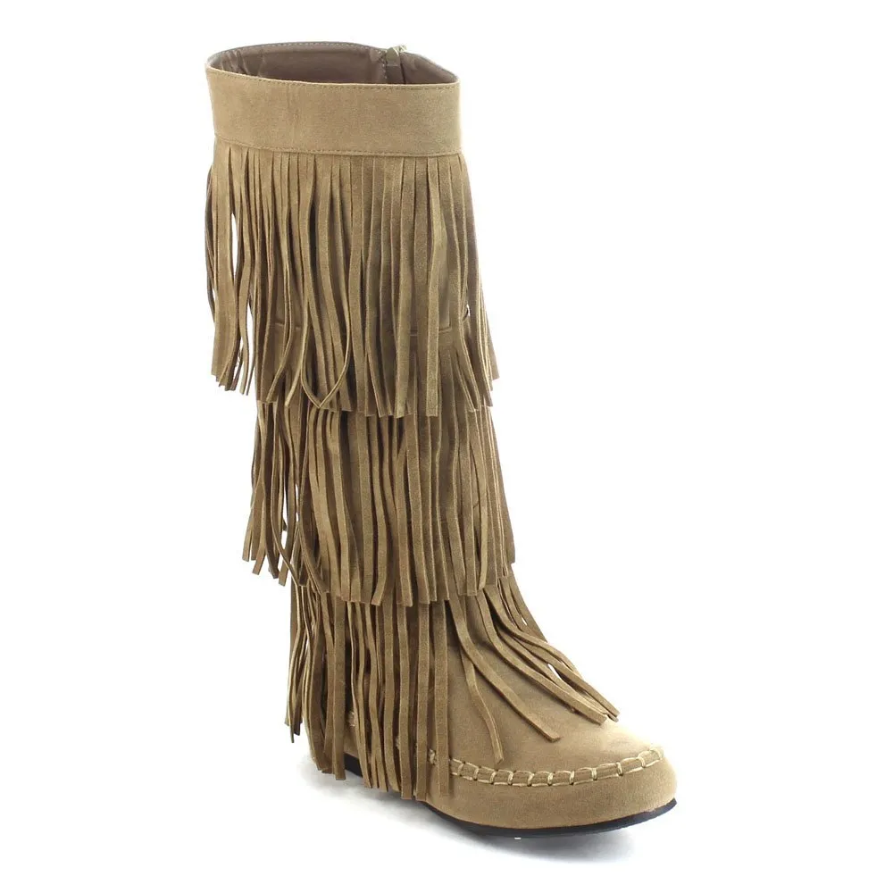 Refresh JOLIN-02 Women's Fringe Moccasin Flat Heel Zipper Under Knee High Boots