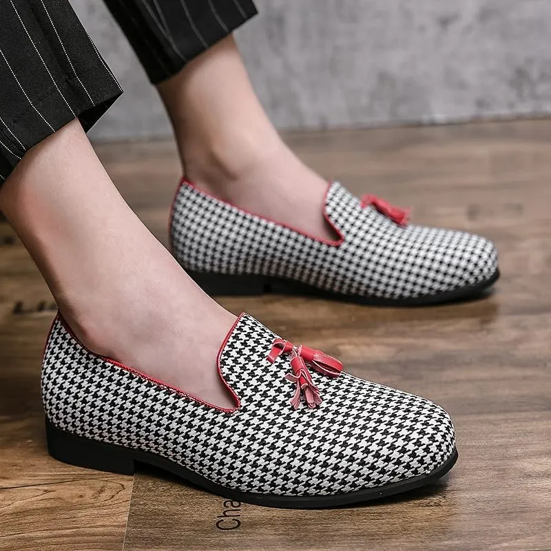 Santimon Mens Loafers Wedding Dress Shoes Slip-On Hounstooth Tassel Loafers for Men Tuxedo Suit Shoes