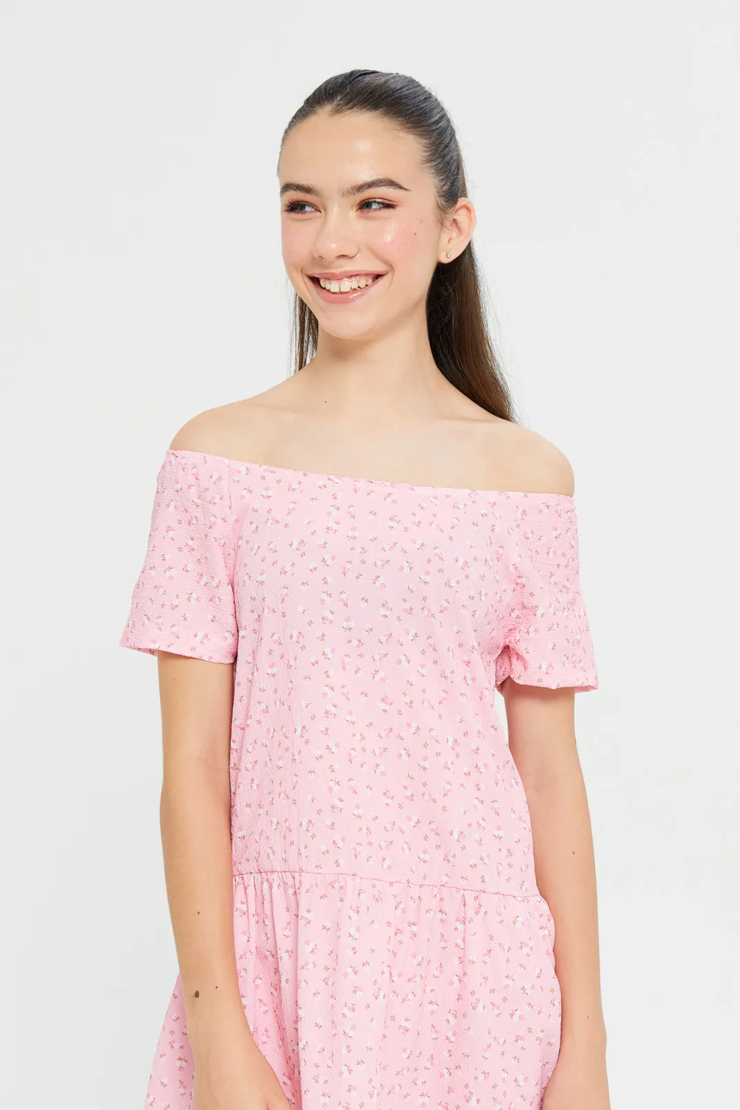 Senior Girls Pink Printed Dress