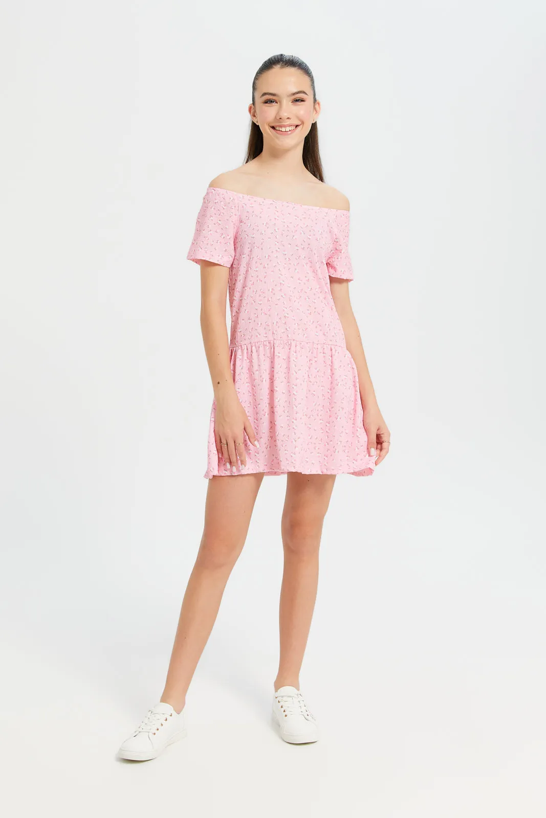 Senior Girls Pink Printed Dress