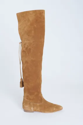 Tan Suede Calfskin Over The Knee Preowned Boots With Tassel