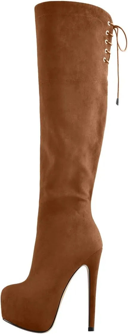 Women's Over The Knee Pull On Buckle Stiletto Heeled Lace Up Boots