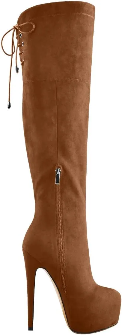 Women's Over The Knee Pull On Buckle Stiletto Heeled Lace Up Boots