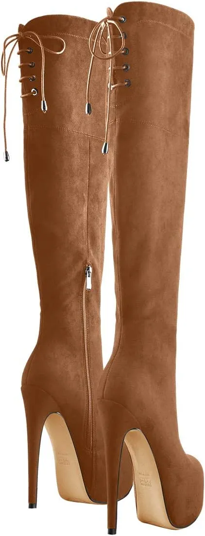 Women's Over The Knee Pull On Buckle Stiletto Heeled Lace Up Boots