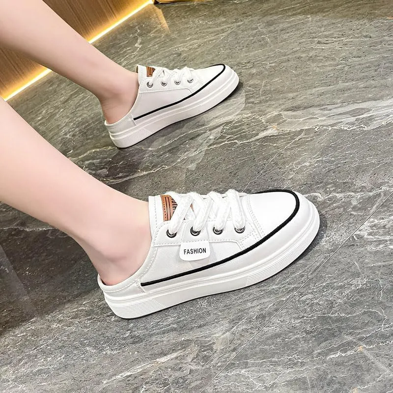 Women's Solid Color Casual Sneakers, Lace Up Platform Soft Sole Waking Skate Shoes, Canvas Breathable Backless Shoes Plus Size