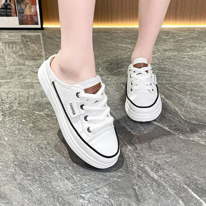 Women's Solid Color Casual Sneakers, Lace Up Platform Soft Sole Waking Skate Shoes, Canvas Breathable Backless Shoes Plus Size