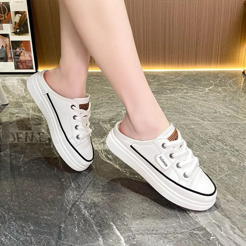 Women's Solid Color Casual Sneakers, Lace Up Platform Soft Sole Waking Skate Shoes, Canvas Breathable Backless Shoes Plus Size