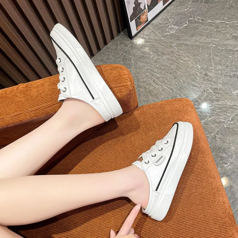 Women's Solid Color Casual Sneakers, Lace Up Platform Soft Sole Waking Skate Shoes, Canvas Breathable Backless Shoes Plus Size