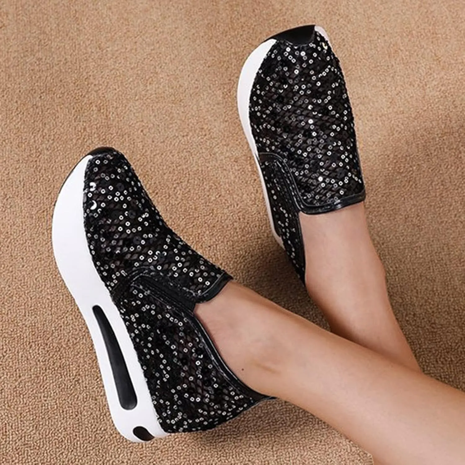 ZBYY High Heel Wedge Sneakers for Women Sequin Breathable Walking Canvas Shoes Slip On Fall Walking Driving Play Sneakers Work Shoes