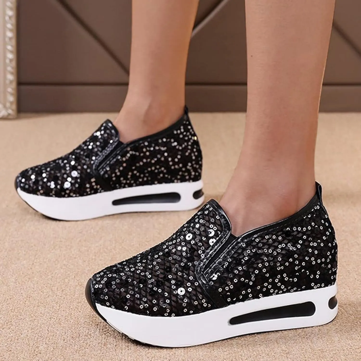 ZBYY High Heel Wedge Sneakers for Women Sequin Breathable Walking Canvas Shoes Slip On Fall Walking Driving Play Sneakers Work Shoes
