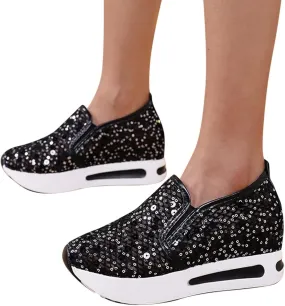 ZBYY High Heel Wedge Sneakers for Women Sequin Breathable Walking Canvas Shoes Slip On Fall Walking Driving Play Sneakers Work Shoes